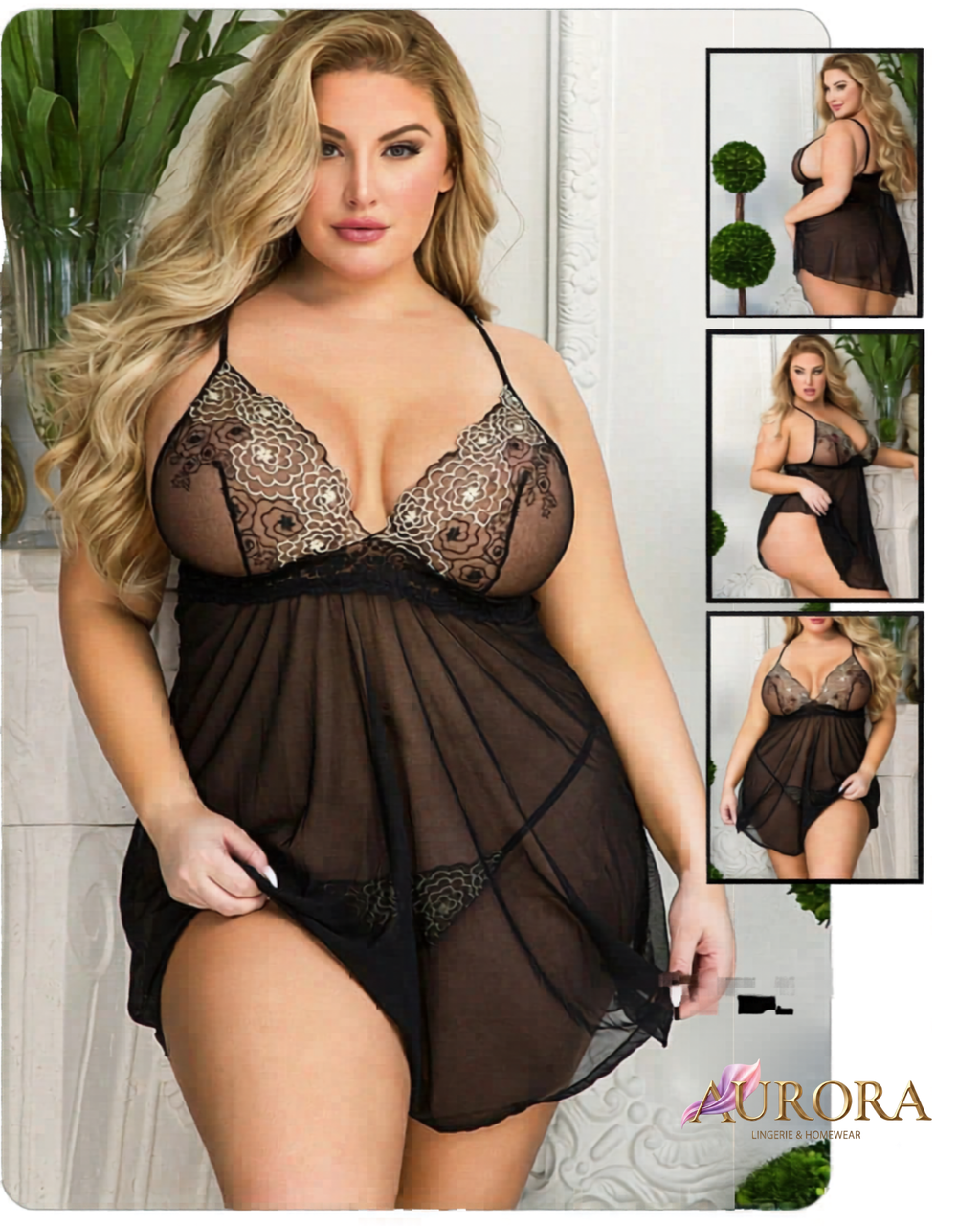 Transparent Nightie with Flower Embroidery