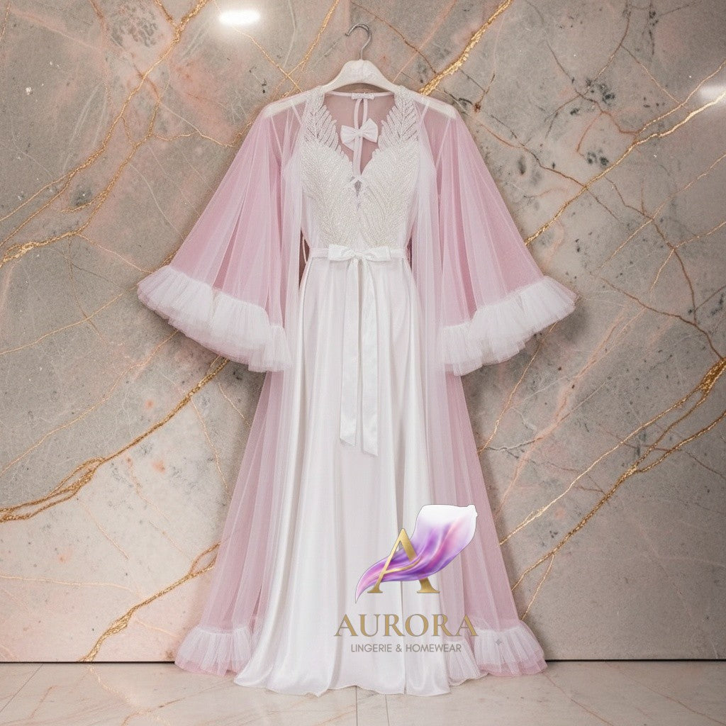 Bridal Feather-Embroidered Robe & Gown Set
