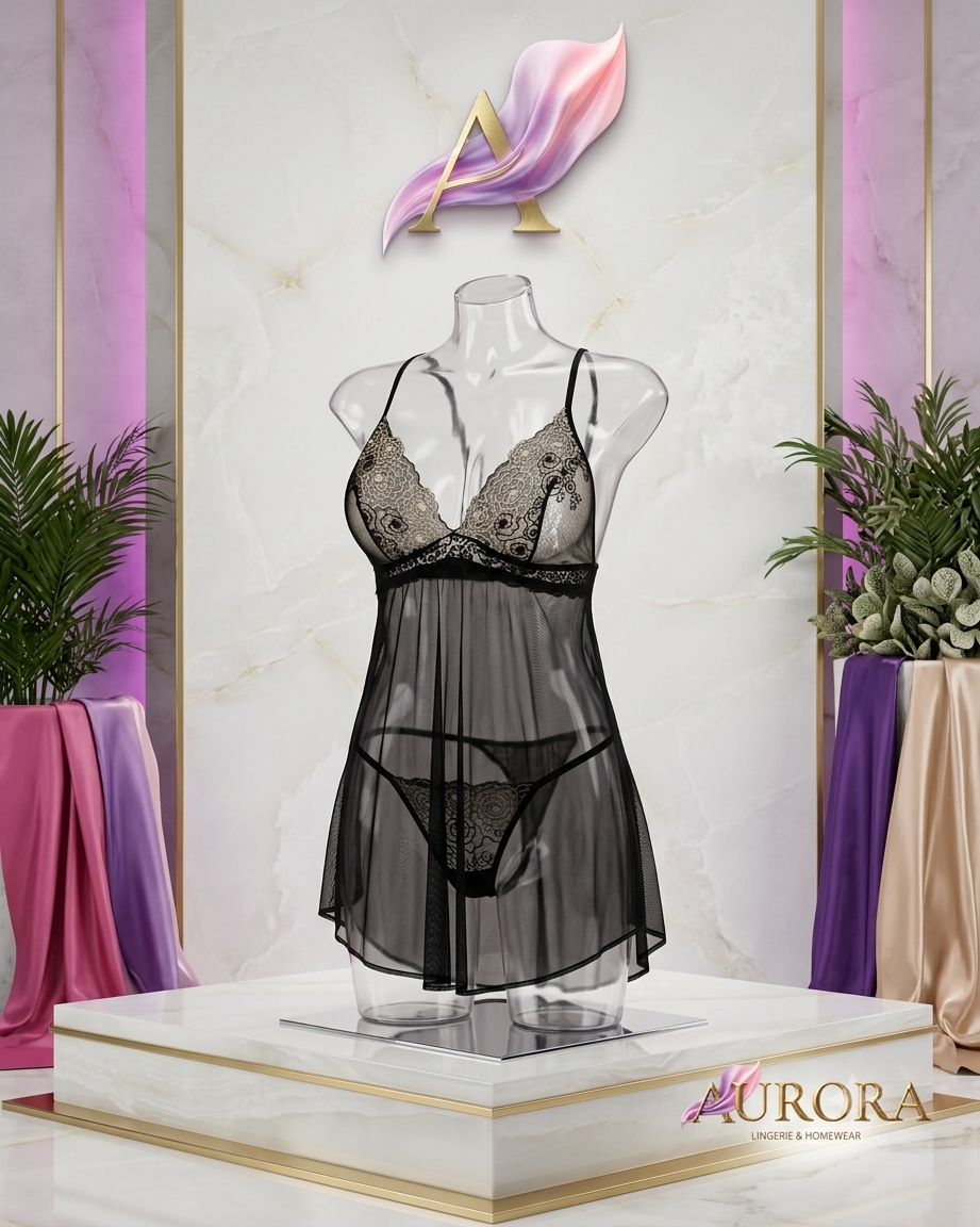 Transparent Nightie with Flower Embroidery